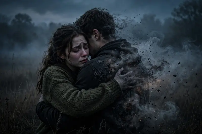 A realistic cinematic shot of a young couple hugging in a misty, dark field at dusk. The boy is slowly turning into ash and smoke, disintegrating