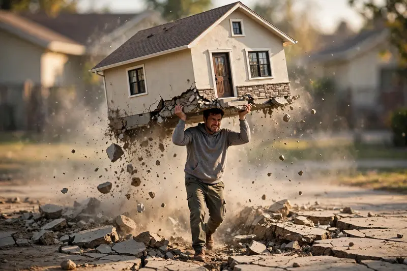 Create a cinematic realistic video using my uploaded photo as the fixed base reference. Keep the exact same house/building from the image unchanged