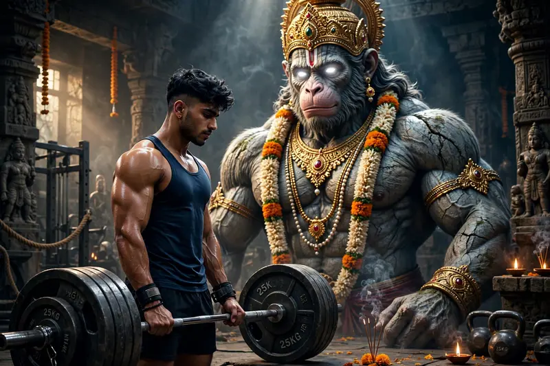 Hyper-realistic cinematic mythological gym scene shot from a side angle. A young South Asian lifter stands beside a heavily loaded barbell, body