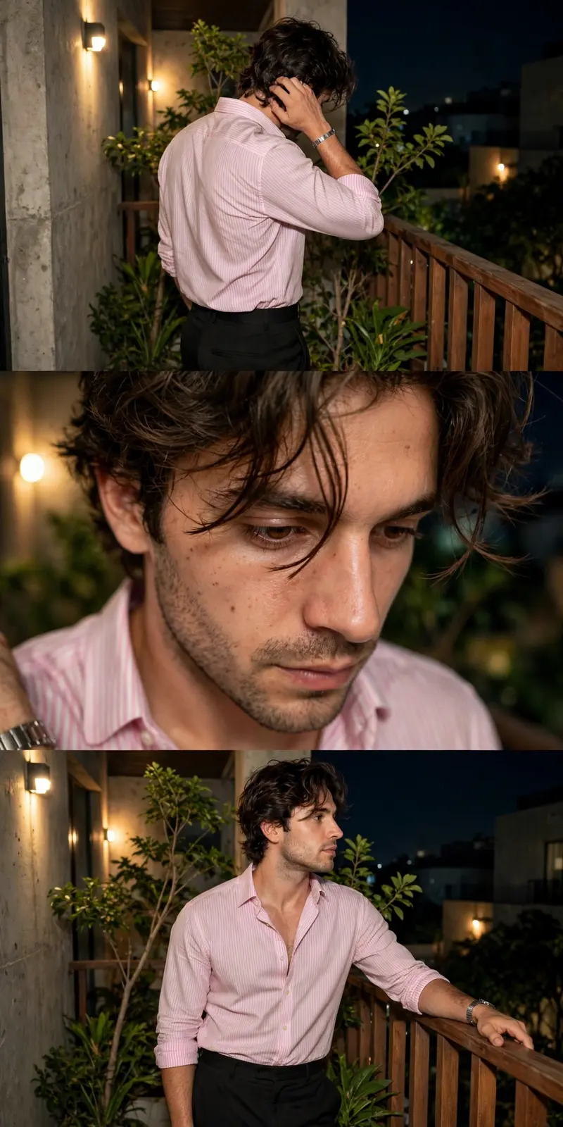 Use the uploaded reference photo as the single and exclusive facial identity source. The same exact face must appear in ALL three frames with no