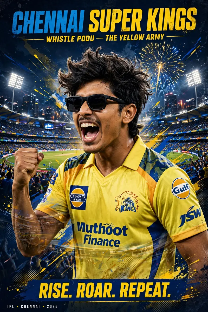 A high-quality sports poster featuring a young South Asian man with quiff-style, tousled mid-length black hair and a light mustache, wearing
