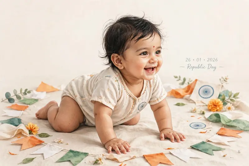A soft pastel-style realistic image of an Indian baby girl crawling on the floor, tricolor decorations around, Ashoka Chakra subtly visible, joyful