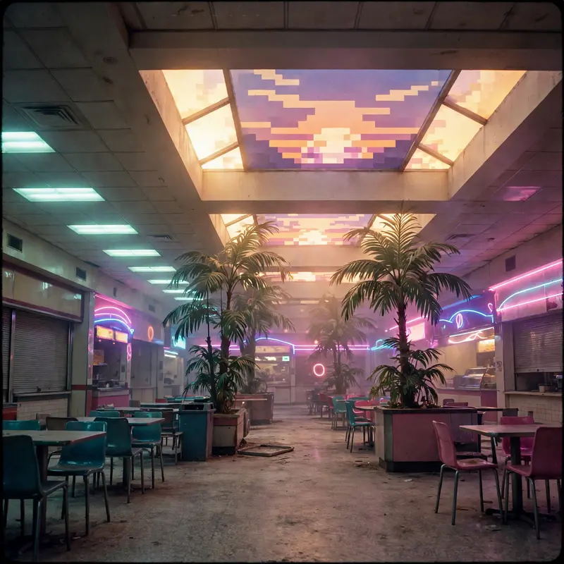 A deserted mall food court at closing time, neon signs buzzing, plastic palm plants under skylights showing a pixelated sunset, vaporwave liminal