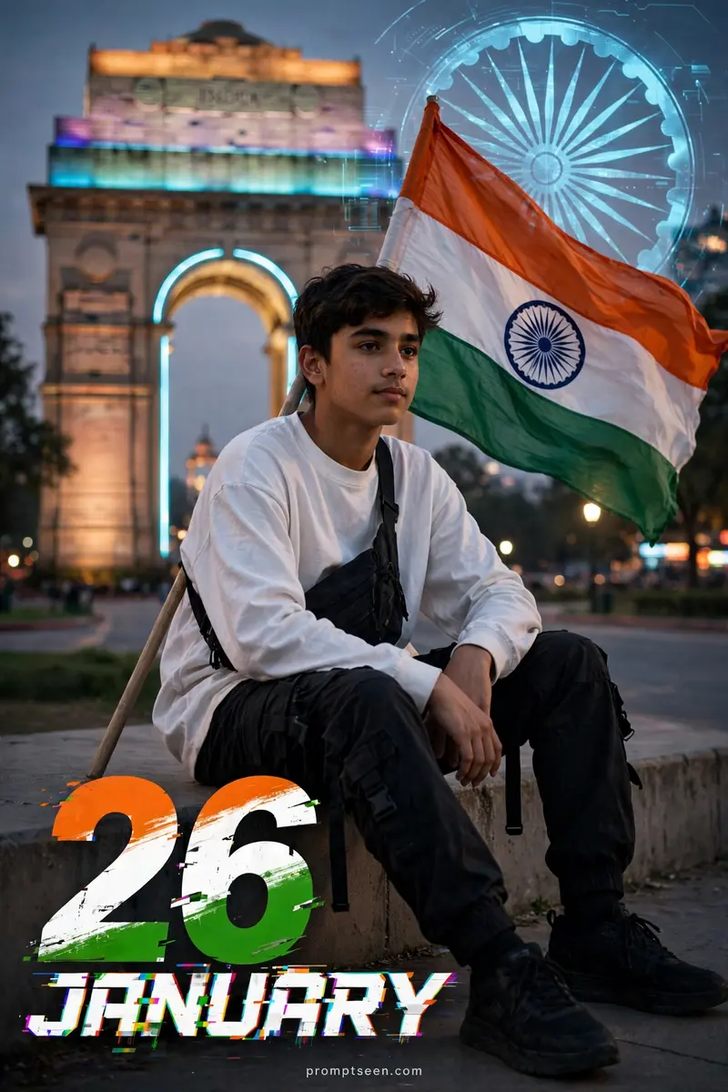 Ultra-realistic modern patriotic portrait of the uploaded Indian boy sitting casually on a concrete step, holding the Indian tricolor flag behind him