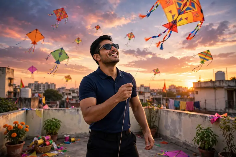 Using the uploaded reference image of the person as the exact face and identity, create a vibrant and colorful scene of the same person flying a
