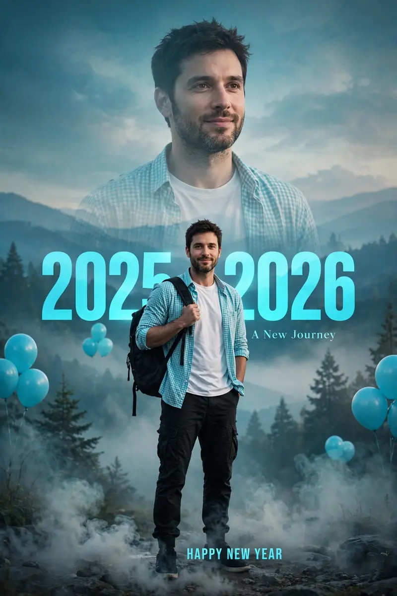 Create a cinematic Happy New Year 2026 double-exposure poster using only my uploaded selfie as the face reference, with a hazy teal, blue and
