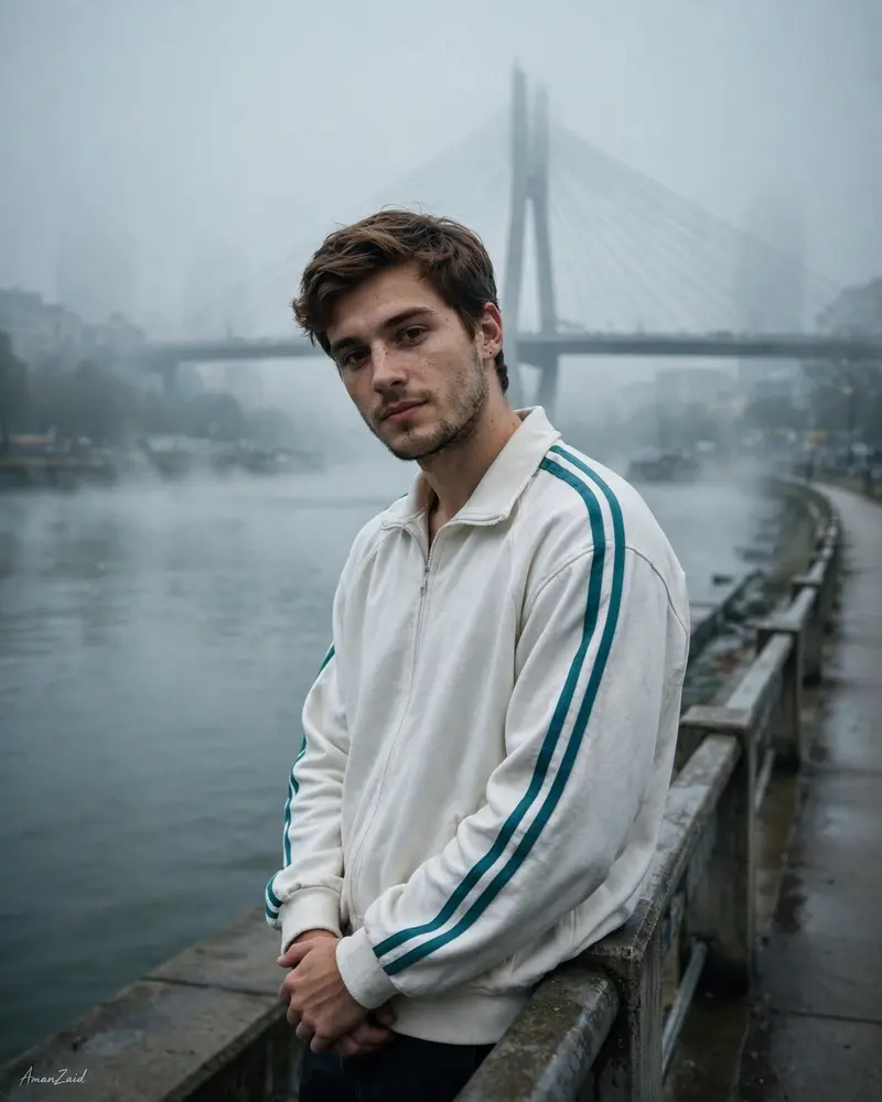 Ultra-realistic cinematic portrait, quality, cool cinematic color grading with muted teal and steel-blue tones. A young man standing on a riverside