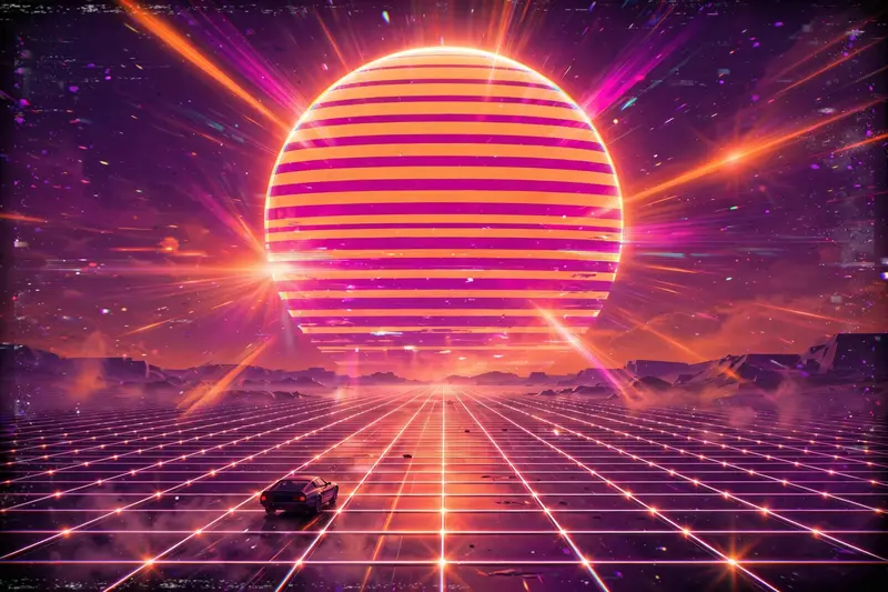 A colossal striped sun dominating the sky over a chrome grid desert, a lone sports car silhouette driving toward it, classic vaporwave poster, VHS