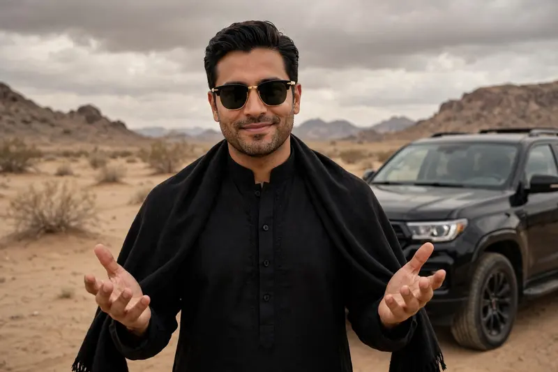 A man with medium skin tone, dark, neatly styled hair, wearing black sunglasses with gold frames, dressed in a black traditional kurta with a high