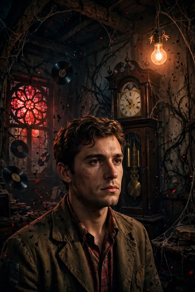Produce a dark, atmospheric scene inside the Creel House from Season 4. The person in the reference photo is now standing in the attic with Vecna’s