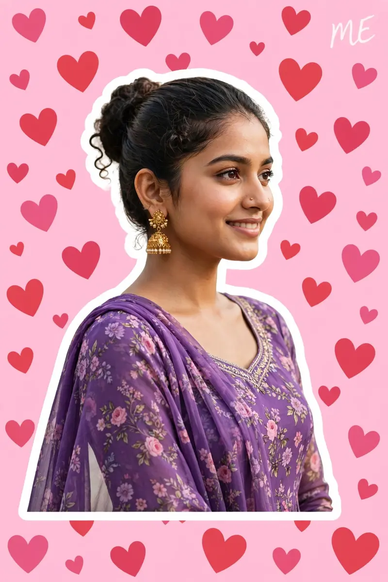 A beautiful young Indian woman (half body)with her hair styled in a bun, wearing elegant golden earrings, and a flowing purple floral print Anarkali