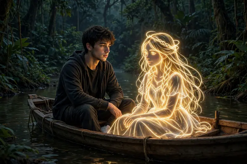 young me walks alone on a dimly lit path at night, wearing dark casual clothes and white sneakers. Beside him appears a Golden glowing, neon-style
