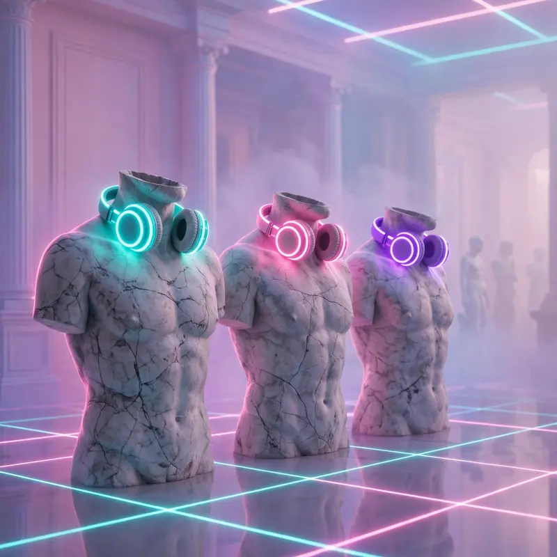 Headless marble statues wearing glowing neon headphones, lined up in a foggy pastel hall, vaporwave sculpture art, laser grid floor reflections, VHS
