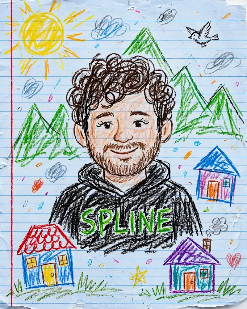 Transform the reference image into a cute crayon-style drawing on lined paper.Keep the original face shape, skin tone, hairstyle, expression, and