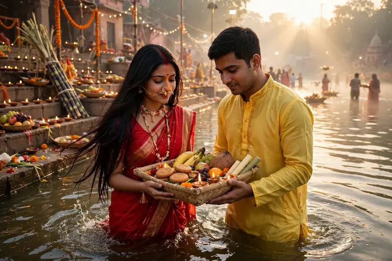 Create a photo of Chhath Puja, a festival in Bihar. This photo is taken in the morning, with sunlight streaming in. Use a photo of a couple. Both are