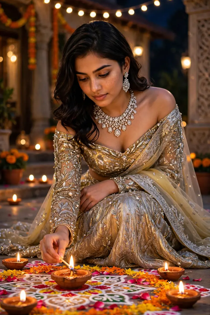 Do not change my face and Do not change my face at all and create Ultra realistic HD Diwali festival scene, a beautiful young girl. She's wearing an