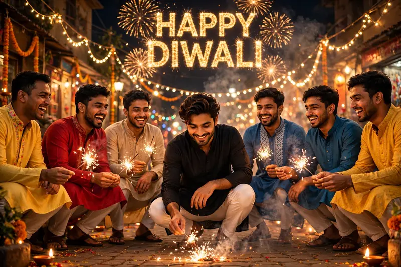 A hyper-realistic cinematic festive portrait of a group of young men celebrating Diwali on a decorated street at night. The main man (same face as