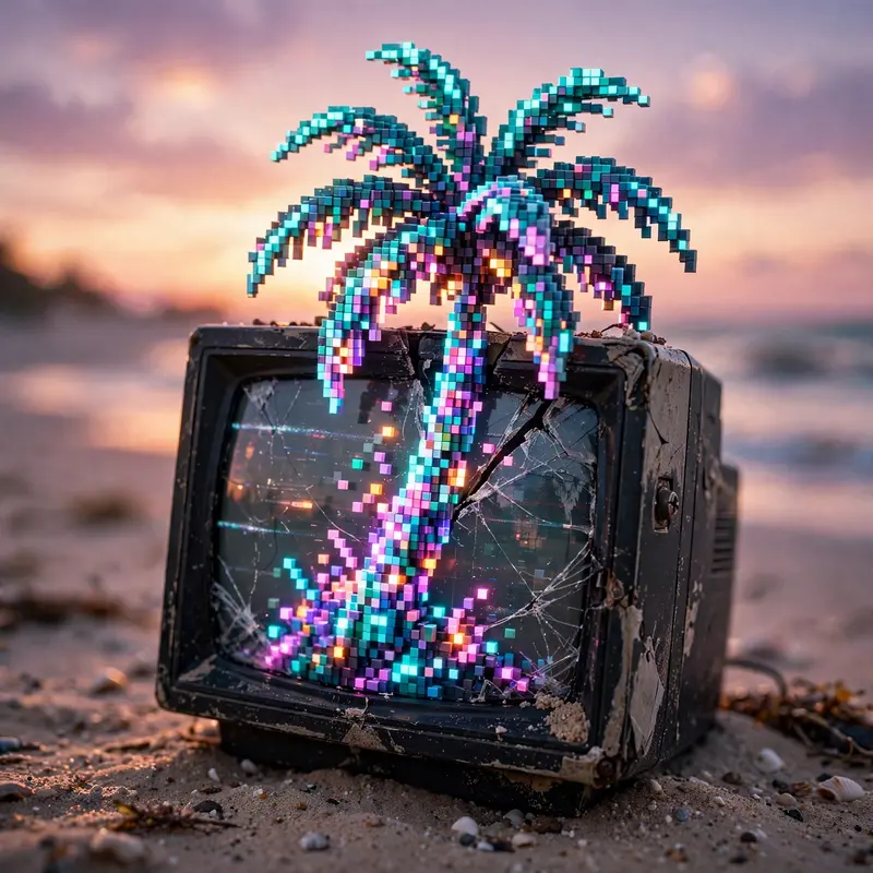 A palm tree made of glowing pixels growing from a cracked CRT monitor on a beach at sunset, vaporwave digital art, gradient sky, VHS grain, hopeful