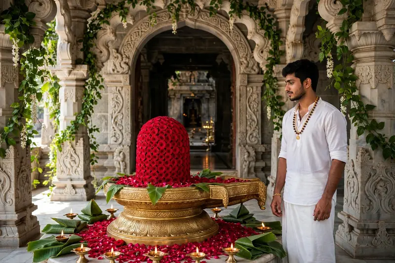 Generate a DSLR Photography of A serene Hindu temple scene bathed in soft daylight features a majestic Shiva Lingam made from red roses on a golden