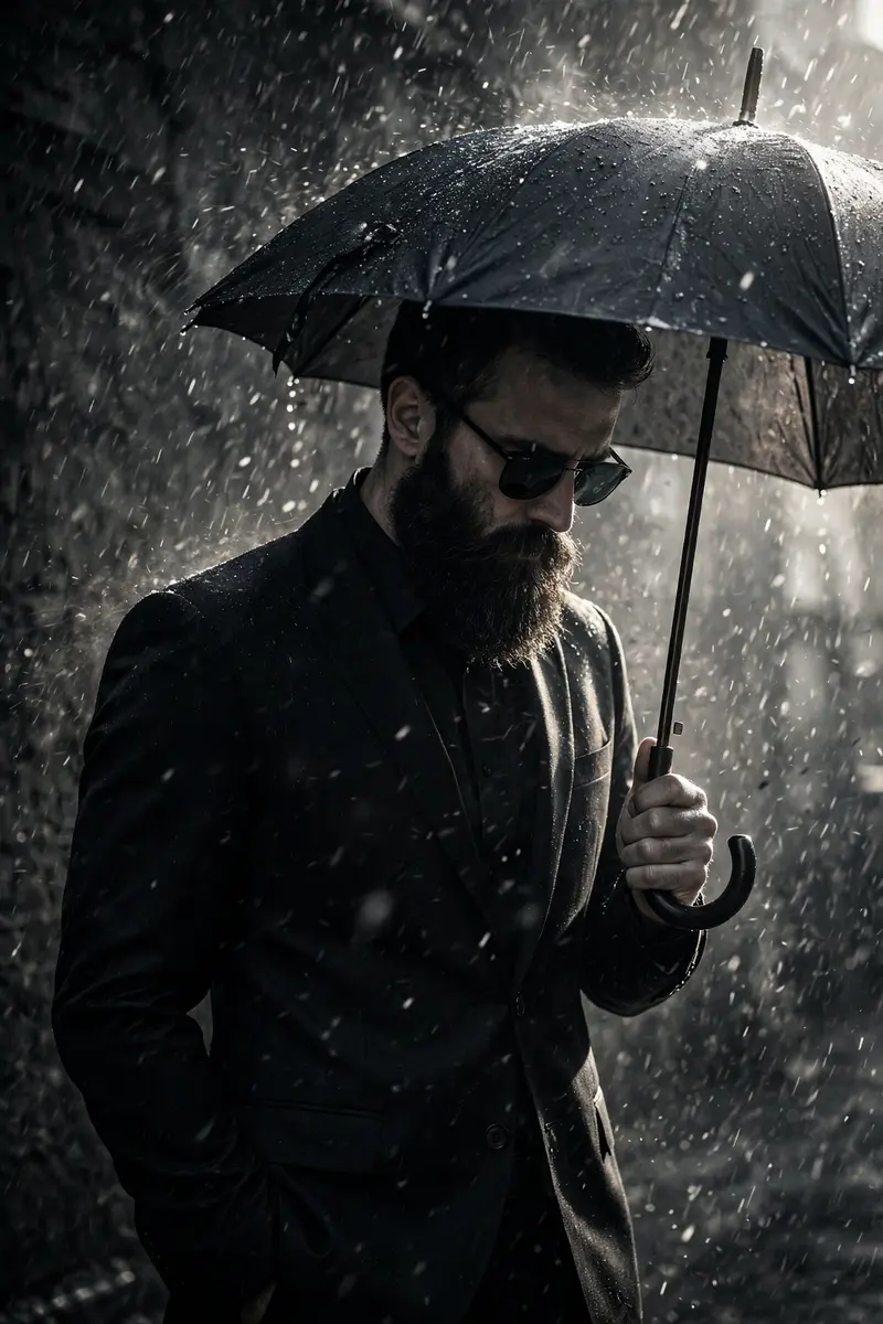 A dramatic, low-key, monochromatic portrait of a man in a sharp black suit and a black shirt, standing in what appears to be heavy rain or snow. The