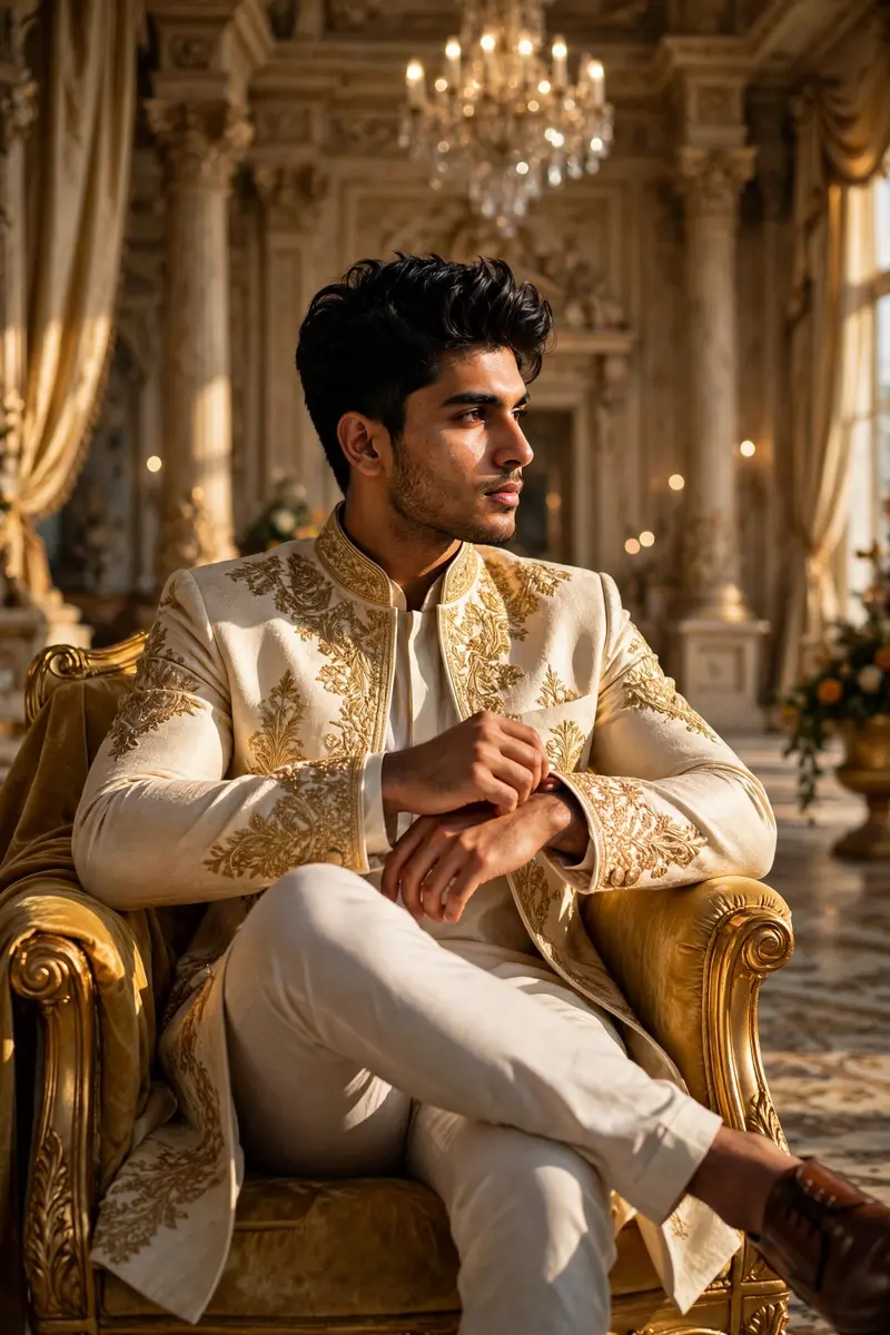 hyper-realistic DSLR portrait of a 20-year-old handsome man with styled black hair, sharp jawline, light beard, wearing cream sherwani with golden