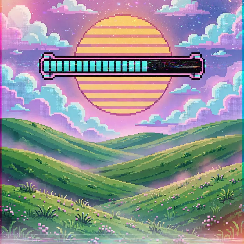 A retro computer desktop wallpaper come to life: rolling green hills, blocky clouds, a striped sun with a loading bar across it, vaporwave