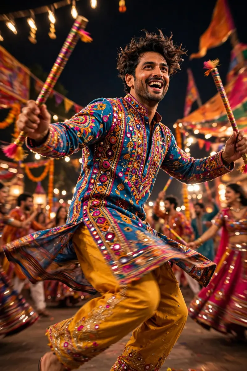 Ultra-realistic image of a handsome man's face (extracted from the provided image) playing dandiya with joyful abandon. He twirls gracefully while