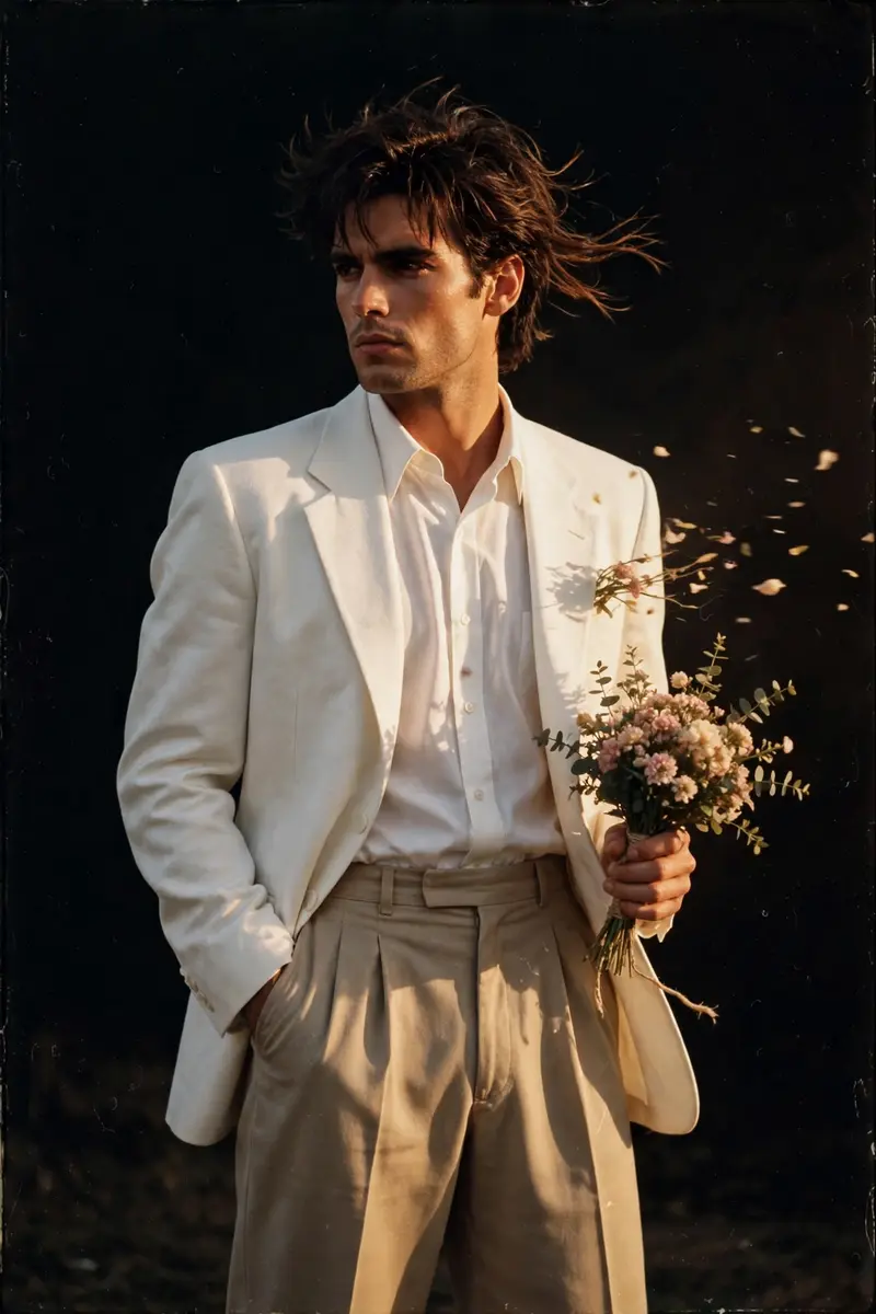 Create a retro vintage grainy but bright image of the reference picture but draped in a perfect white colour shirt and suit Pinteresty aesthetic