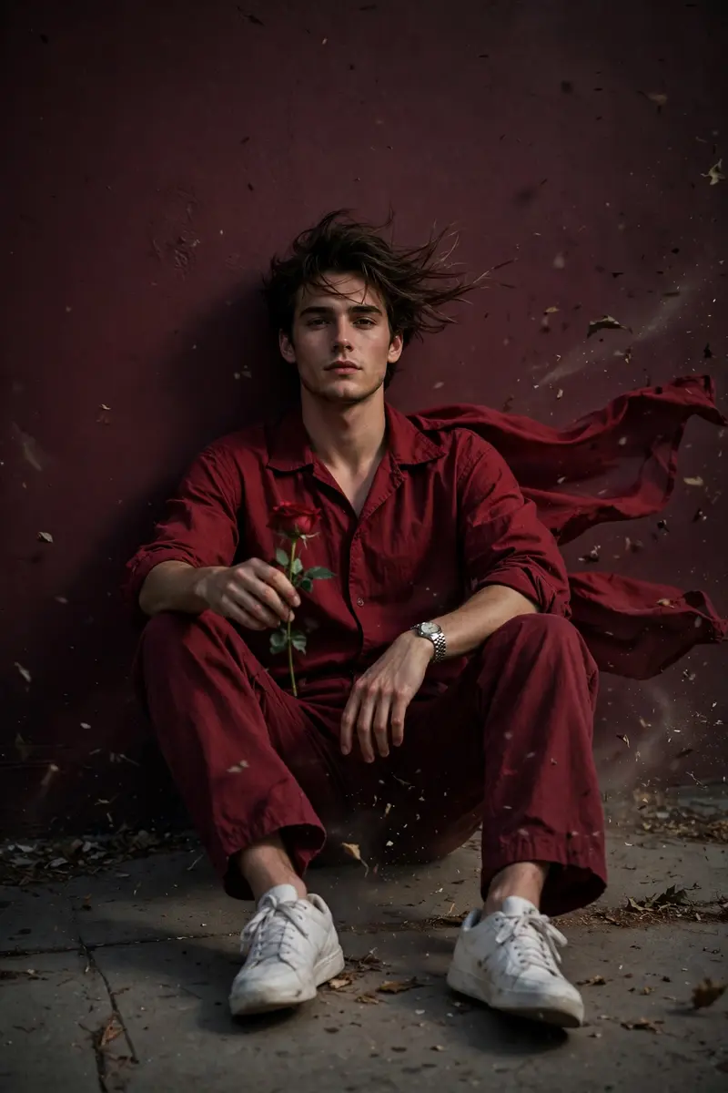 A full-body, camera look-angle portrait of a handsome 22-year-old boy, approximately 5'5" tall. He is sitting on the ground in a stylish pose against