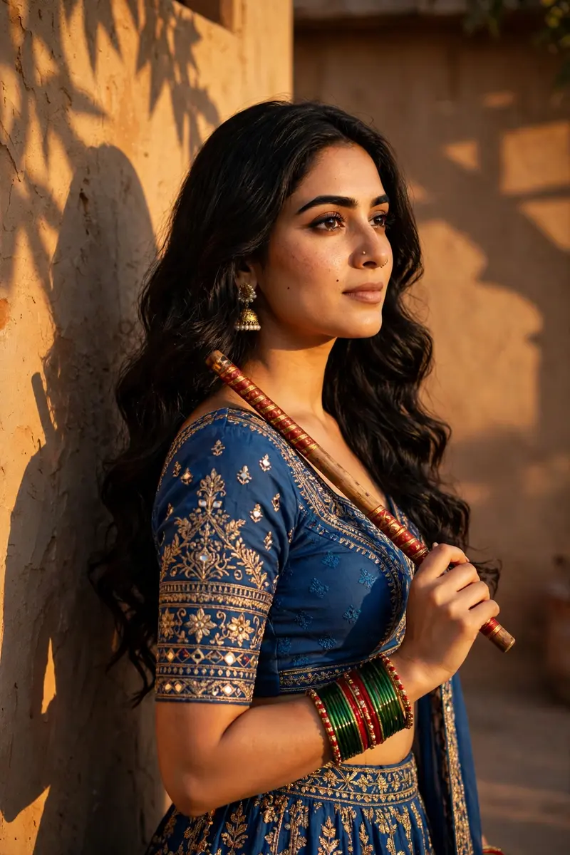 A beautiful woman [exact face from the image] in Navratri traditional Indian attire, possibly a (colour of the lehenga is blue) lehenga choli, with
