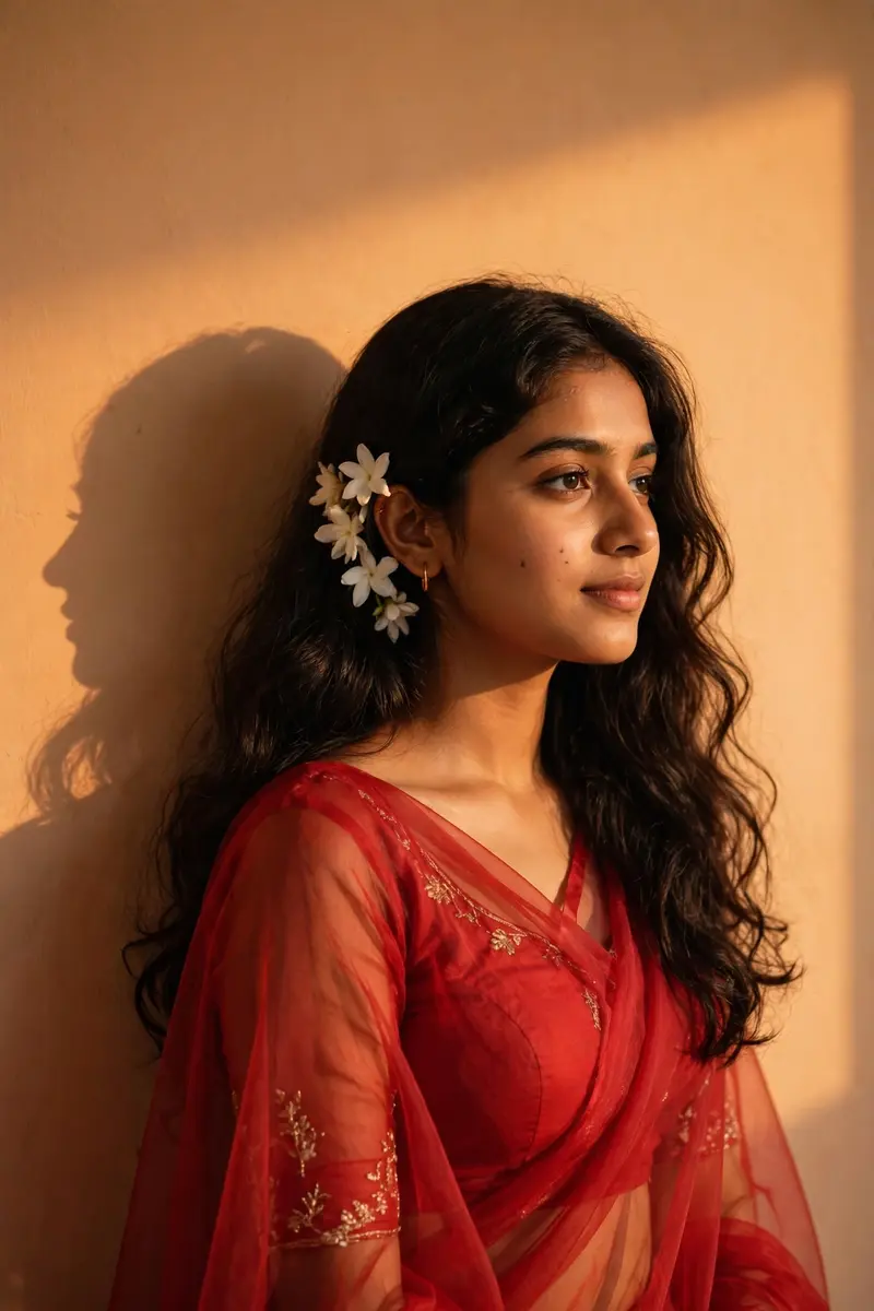 A stunning portrait of a young Indian woman with long, dark, wavy hair cascading over her shoulders. She is wearing a translucent, elegant red saree