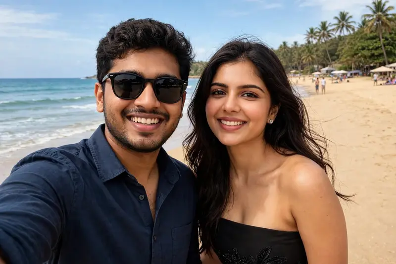 Make this photo a selfie with Kalyani priyadarshan indian actress At beautiful beach and I am wearing dark blue shirt and sunglass