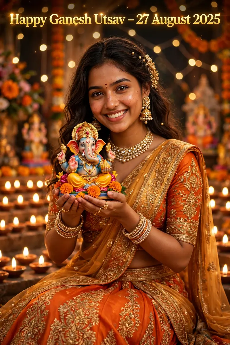 Ultra-realistic festive portrait of the same young Indian woman from the reference image, smiling and holding a colorful Lord Ganesha idol in her