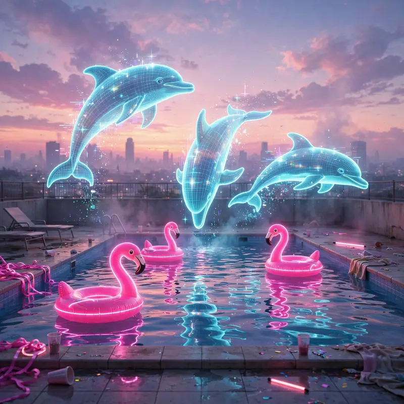 An empty rooftop pool at dusk, holographic dolphins projected above the water, inflatable flamingos glowing neon, vaporwave 3D render, pastel sunset
