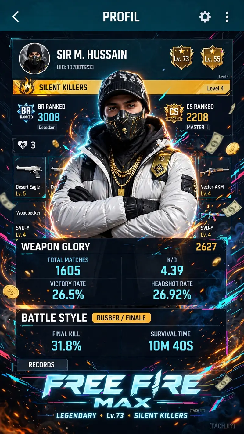 9:16 digital gaming postar for free fire max player use the uploaded in game profile screenshot as the full background without hiding. Ensuring the