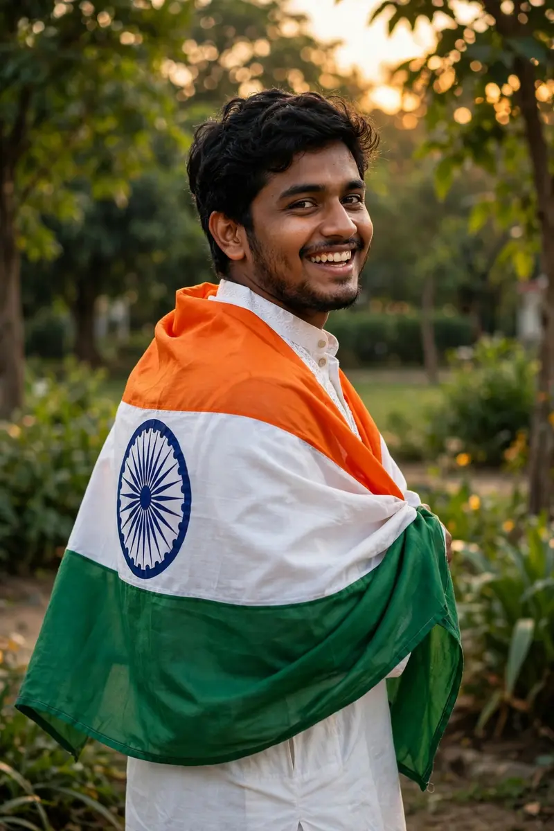 Wrapped in pride, smiling with freedom Create a vibrant portrait of a joyful young man celebrating Indian pride, wrapped in the Indian national flag