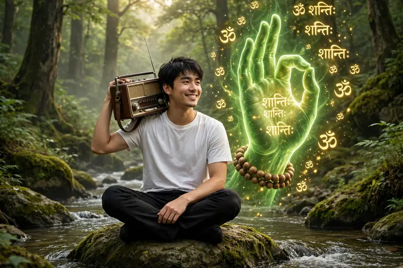 A young man wearing a White t-shirt,black pants,sits cross-legged on a rock in a peaceful forest stream.He holds a vintage radio on his shoulder with