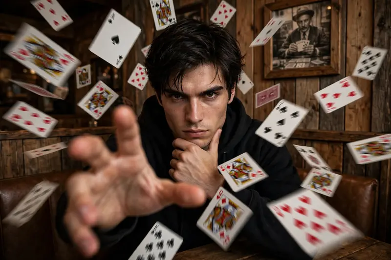 A young man with dark hair(maintain exact face and skin tone with sharp features) wearing a black hoodie sits in a rustic wooden booth, staring