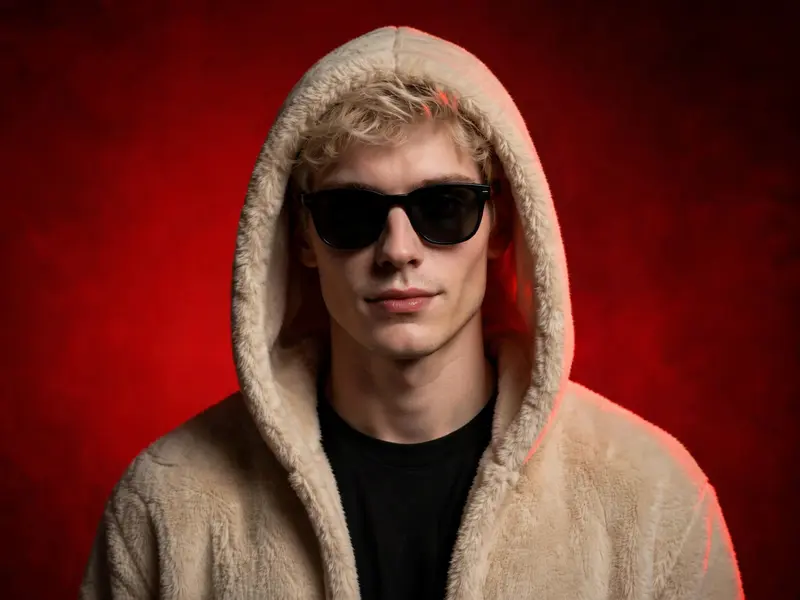 A highly stylized portrait of same person in image with sharp features , flawless fair skin , wearing a black t-shirt, black sunglasses and standing