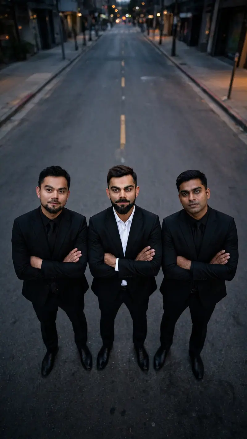 Cinematic overhead shot of me standing in the middle of the road in a black suit with a black tie, evening time, arms crossed. To my right, Virat