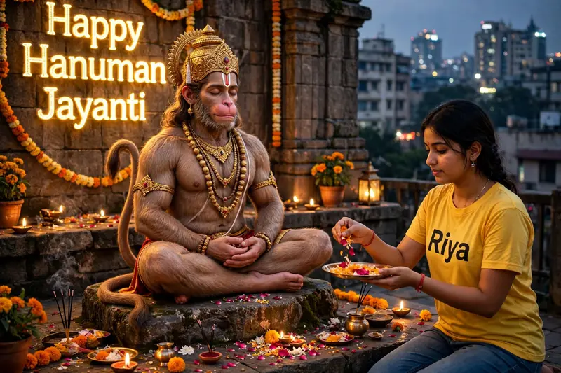 Create a Realistic Picture of LORD HANUMAN is depicted in meditation. Sitting on a Stone. A Realistic 20 year old girl with yallow Tshirt sprinkles