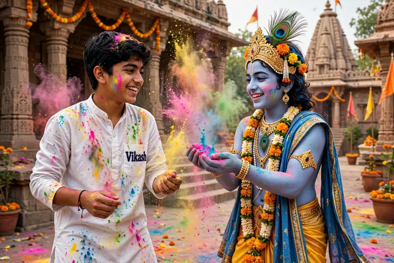 Create a realistic image in which, a realistic 18 year old boy and Lord Krishna are both playing Holi with each other, the boy is wearing colorful