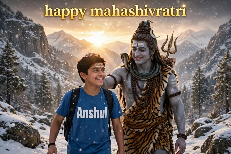 18 years old boy walking and lord mahadev coming after him and Mahadev's hand putting on Boy head on mountains. Both are smiling. boy is wearing blue