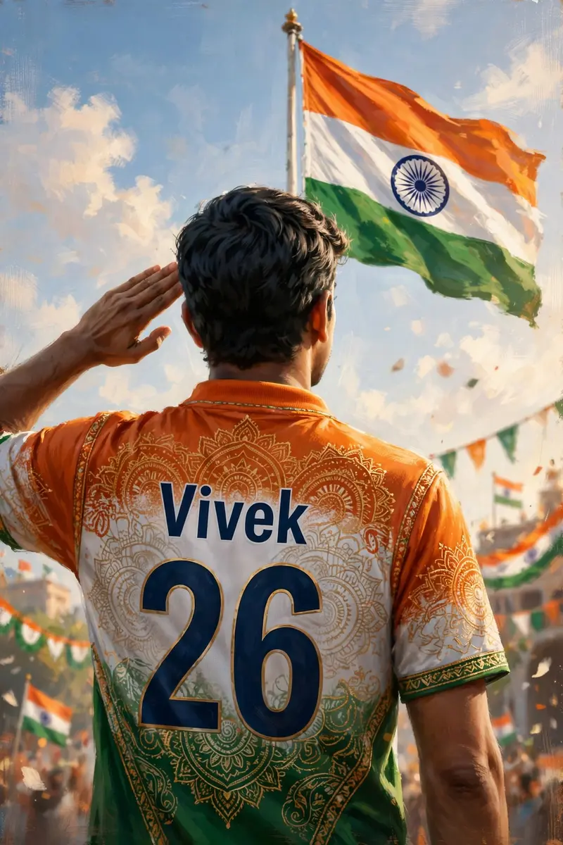 An artistic digital painting of a person saluting the Indian national flag during Republic Day celebrations. The person is wearing a tricolor jersey