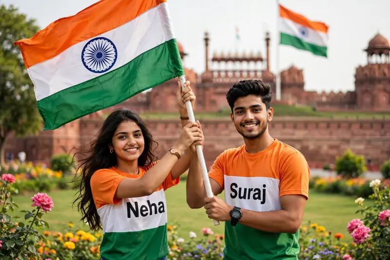 18 year old indian Smart girl and boy stands in beautiful ground, both holding the large Indian national flag aloft. girl is wears flag colour Shirt