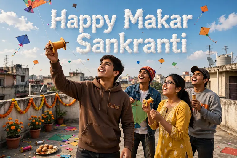 Realistic photo 18 year old boy flying kite on rooftop and celebrating Indian festival Sankranti With Friends on the rooftop,boy wearing brown hoodie