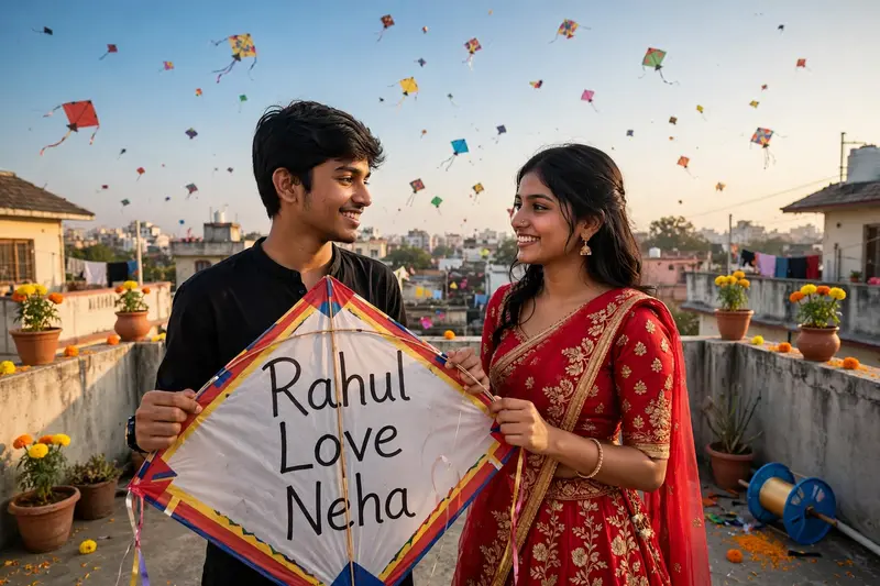 Realistic a pic An 18 year old beautiful couple is on the roof of their house, both are holding a huge kite, "Rahul Love Neha" is written on the