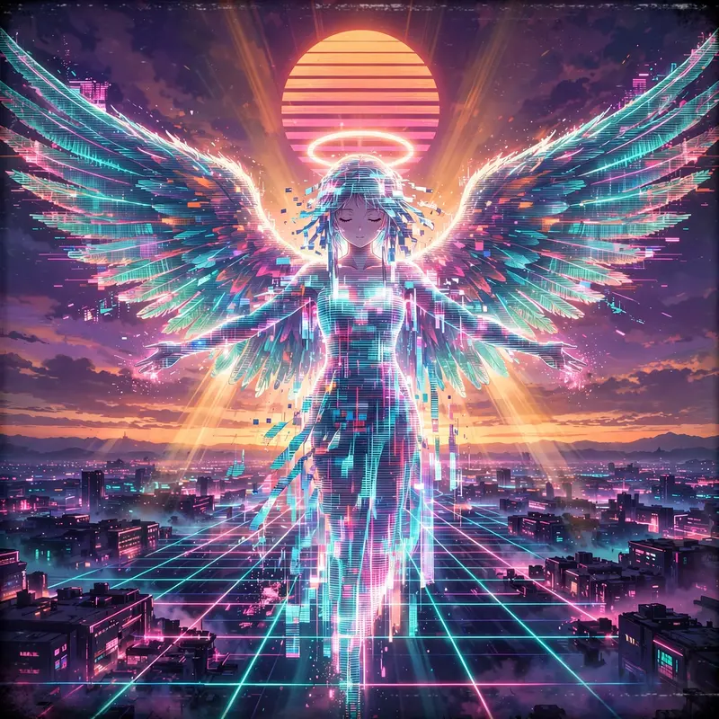 An angelic figure made of scanlines and light, wings spread over a neon grid city at sunset, vaporwave digital painting, VHS grain, divine retro