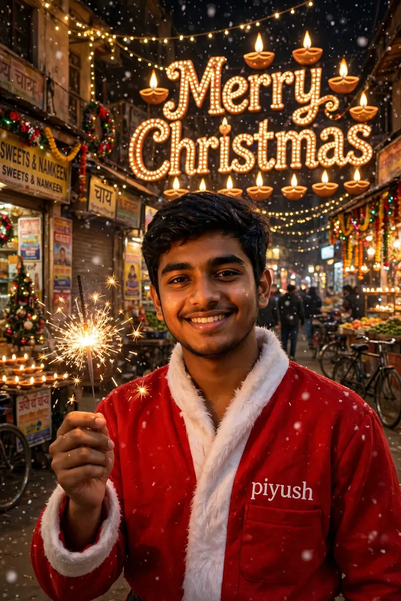 "A realistic portrait of an 18-year-old Indian boy celebrating Christmas on an Indian street. He's wearing a senta clothes with piyush written on it