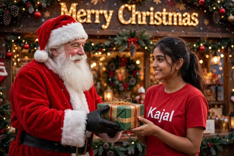 create a realistic image of a 18 year beautiful indian girl, Christmas evening in which , santa clause gives a gift to a young girl named “Kajal”